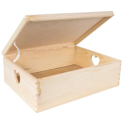 Obrázek produktu pro Creative Deco Dřevěná Krabice s Věkem | 40 x 30 x 14 cm (+/-1 cm) | Velká Dřevěná Nelakovaná Krabice | Úchyty ve Tvaru Srdce | Na Dokumenty Nářadí na Hraní | Hrubé a Nelakované