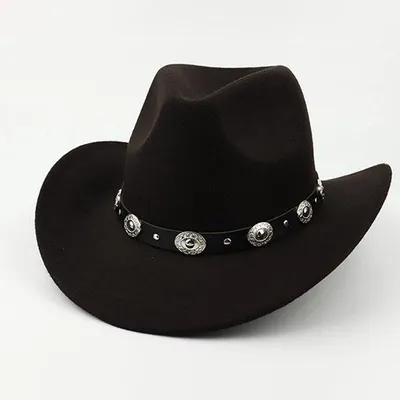Immagine prodotto di Cappello da cowboy in metallo nero per donna e uomo, foderato, a tesa larga, cappello da cowboy in stile fedora