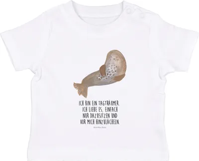 Produktbild von Mr. & Mrs. Panda  T-Shirt Robbe Lachen 0. - 6. Monat - Weiß - Geschenk, Seehund, Robben, Kinder, Top, Lustige Sprüche, Strand, Nordsee, Ostsee, Babyshirt, Kleinkind