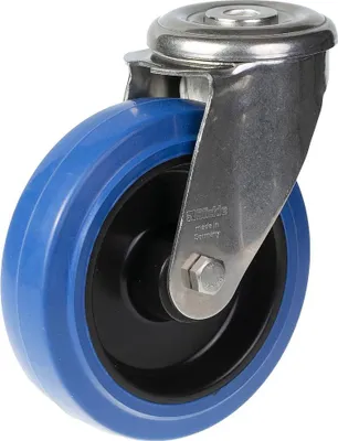 Produktbild von 125-mm-Edelstahl-Lenkrolle mit blauem Elastikgummi auf Nylon-Mittelrad