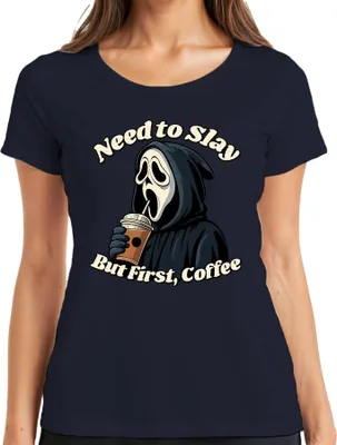 Zdjęcie produktu dla But First Coffee Sensenmann Halloween Kaffee Gothic Lustig Grusel Damen T-Shirt, Navy, M