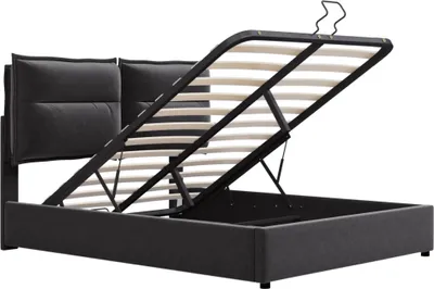 Produktbild von Merax Polsterbett 140x200cm Hydraulisches Funktionsbett mit verstellbarem Kopfteil und Stauraum, Lattenrost aus Metallrahmen, Straumbett Doppelbett aus Samt, Schwarz