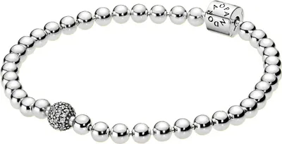 A silver Pandora bracelet with a clasp featuring the Pandora logo.