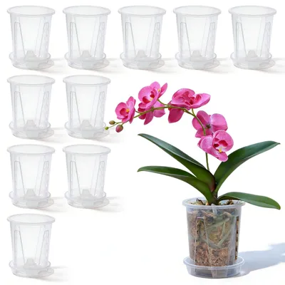 Produktbild von Omgoods – Transparente Blumentöpfe für Orchideen mit Untersetzern (10 cm, Set mit 20 Stück)