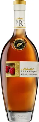 A bottle of raspberry spirit on a white background.