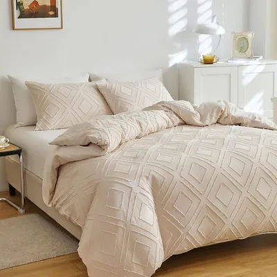 Obrázek produktu pro Sada povlečení na postel 220x240 cm, béžová, kostkovaná, z mikrovlákna, s texturou, včetně 2 povlaků na polštáře 80x80 cm