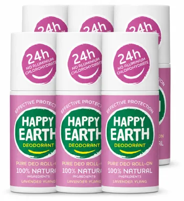 Immagine prodotto di 6 deodoranti roll-on "Happy Earth" profumati alla lavanda e all'ylang-ylang - 75 ml - confezione  - 6 pezzi