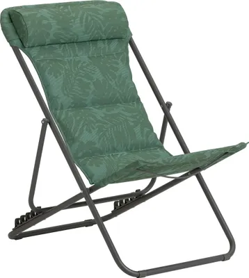 Produktbild von Dehner Campingstuhl Ibiza, klappbar, inkl. Kopfpolster, 87 x 62 x 76 cm, Stahl/Textilene/Polyester, dunkelgrün mit Blattmotiv