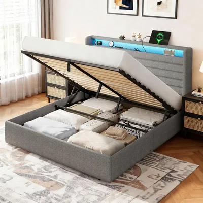 Immagine prodotto di Letto imbottito Feonase Bett, modello 140x200, con spazio contenitore nella testiera e sistema di sollevamento idraulico