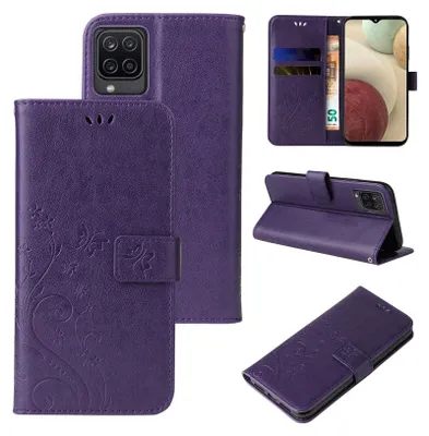 Collage of images showing a purple flip phone case with floral and butterfly designs.