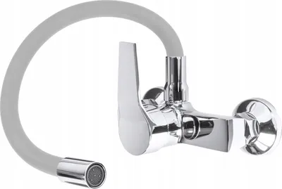 A chrome faucet with a flexible gray hose and spray head, isolated on a white background.