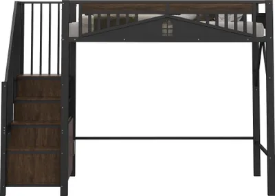 Produktbild von Merax Etagenbett Hochbett 90x200 cm mit Treppe und Stauraum, Metallbett mit Fensterdesign-Zaun,  Kinderbett für Mädchen & Jugendzimmer, Schwarz