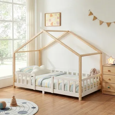 Produktbild von Kinderbett ’Treviolo‘ in Haus-Optik mit Rausfallschutz Kiefernholz 90 x 200 cm Weiß / Natur