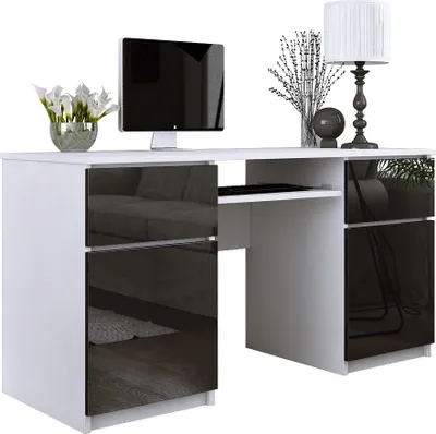 Zdjęcie produktu dla Biurko: 2 szuflady, biały mat / czarny połysk, 135 x 77 x 50 cm