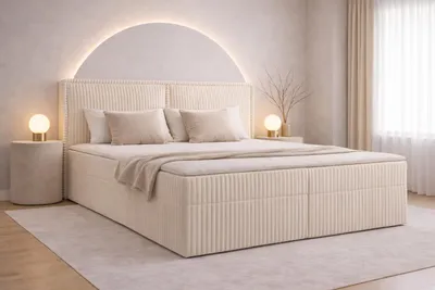 Produktbild von MOEBLO Boxspringbett Bett 04 – Boxspringbett aus Cord, Polsterbett Kontinentalbett Doppelbett mit Bonell-Matratze, Topper und Bettkasten (gepolstertes Kopfteil, Boxspring) - 180 x 200 - Ambience 02 Creme