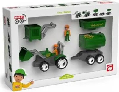 A toy tractor set with accessories and figures in its packaging.