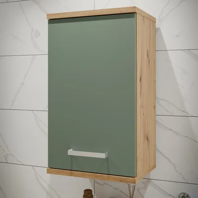 Produktbild von Forte VERIS Hängeschrank 40, moderner Badezimmerschrank, 1-türig, Holzwerkstoff, Salbei mit Artisan Eiche Holzdekor, 40,2 cm breit x 68,8 cm hoch x 29 cm tief