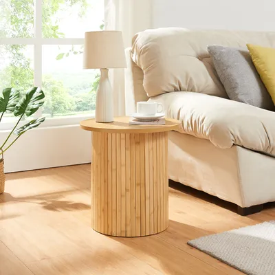 Obrázek produktu pro Odkládací stolek 'Ledepid' 40 x Ø40 cm s vyčnívající deskou z kulatého bambusu + MDF nature