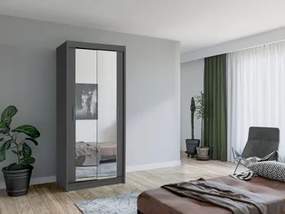 Produktbild von Krudox MINI Kleiderschrank Schiebetür Grau 90x200x61 cm mit Spiegel Kleiderstange Schlafzimmer Mehrzweckschrank