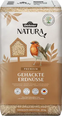 Produktbild von Dehner Natura Premium Wildvogelfutter, gehackte Erdnüsse schalenfrei, Ganzjahresfutter proteinreich / energiereich, hochwertiges Vogelfutter für Wildvögel, 20 kg