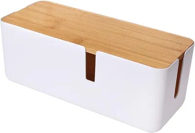 Produktbild von PolkaHome® Kabelmanagement-Box mit Bambusdeckel – Kabelbox für Steckdosenleisten, Überspannungsschutz und Kabel, 30 x 12 x 11,5 cm,