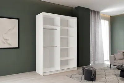 Produktbild von Kleiderschrank JAMAJKA 150 cm Schiebetürenschrank mit Spiegel Weiss + Wotan Lamellen
