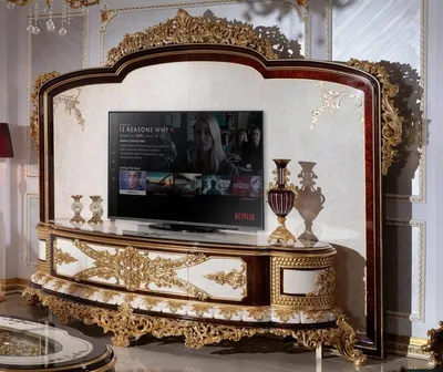 Produktbild von Casa Padrino Luxus Barock TV Schrank Weiß / Braun / Gold - Prunkvolles Wohnzimmer Sideboard mit Rückwand - Barock Wohnzimmer Möbel - Edel & Prunkvoll