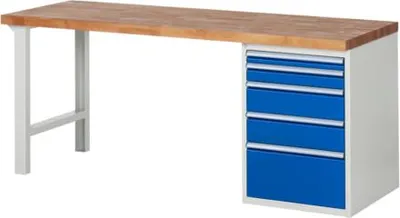 Produktbild von Werkbank mit 5 Schubladen - Vollauszug - 60:1 / 90:1 / 150:2 / 270:1 - 890 x 2.000 x 700 mm (HxBxT) - Traglast 1.000 kg - Buche