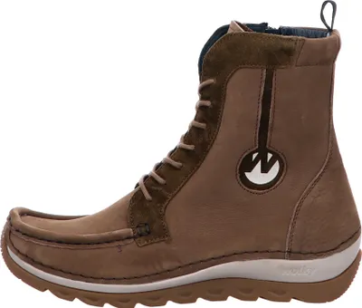 A side view of a brown leather boot.
