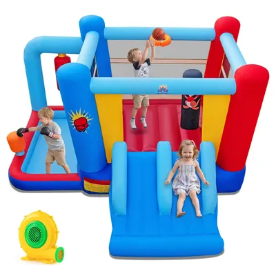 Produktbild von COSTWAY Hüpfburg für Kinder, Bouncy Castle mit 550W Gebläse, Rutsche, Sprungbereich, Basketballkorb, Boxsäcken & Bällebad, 402 x 385 x 206cm
