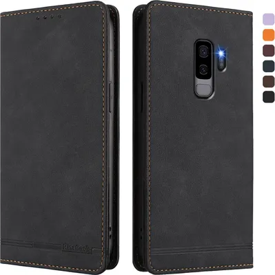 Image de Étui pour Samsung Galaxy S9 Plus, étui rétro en cuirPolyuréthaneavec support et fentes pour cartes Noir