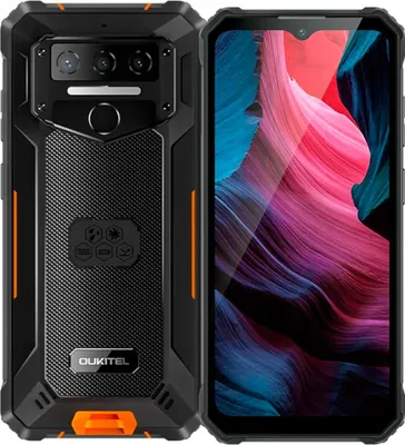 A rugged smartphone is displayed next to its screen, which shows a colorful abstract wallpaper.