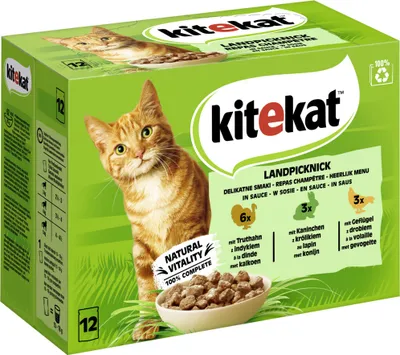 A box of KITEKAT™ cat food with an image of a cat and product details.