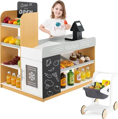 Produktbild von GOPLUS Kaufladen mit Einkaufswagen, Supermarkt Holz, Kaufmannsladen mit Tafel & Registrierkasse, Modell 2