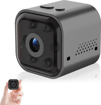 A small, square-shaped camera is shown on a white background, with a smaller version of the camera held in a hand in the foreground.