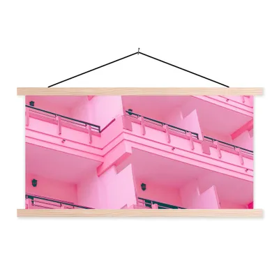 Produktbild von MuchoWow® Textilposter Balkon - Sommer - Rosa - Architektur 60x30 cm mit holzfarbenen Rahmen - Dekoration