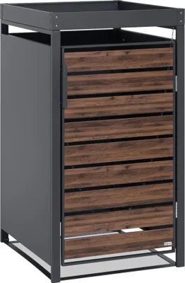 A single outdoor trash bin enclosure with a wooden-look door.