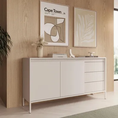 Produktbild von Sideboard Kommode FERRATO 153 cm Beige Riffelung 2-türig 3-Szufladen