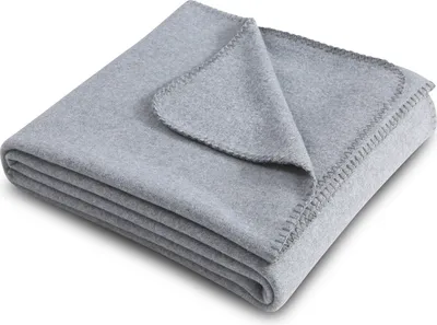 A folded gray fleece blanket is shown on a white background.