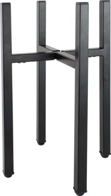 A black metal plant stand with an X-shaped base and four vertical legs.