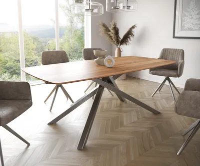 Produktbild von DELIFE Esstisch Edge Boot 200x100 Akazie Natur Kreuzgestell Rechteck Edelstahl Schweizer Kante