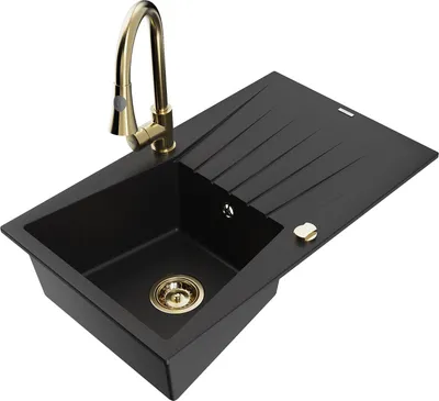 Produktbild von Mexen Cesar 1 Becken-Granitspüle mit Abtropffläche und Mischbatterie Elia, Schwarz - 6514-77-670101-50