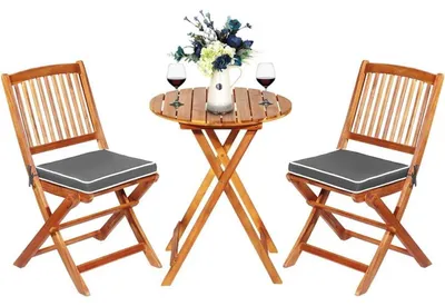 Image de Ensemble de mobilier de jardin, 3 pièces, en bois d'acacia, pliable : une table ronde et 2 chaises, avec coussins gris