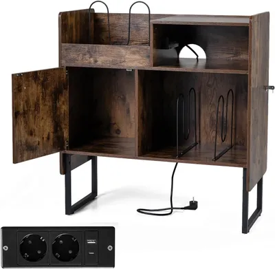Produktbild von KOMFOTTEU Plattenspieler-Ständer mit Ladestation, Vintage Plattenspieler Tisch mit Aufbewahrung, Schallplatten Sschrank Vinyl-Plattenregal, Beistelltisch für Wohnzimmer, 80 x 35,5 x 86,5, Braun