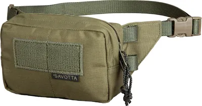 A green hip pack with a velcro patch and a drawstring.