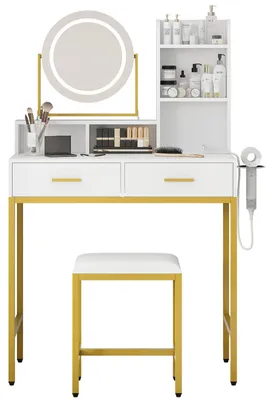 Image de Table de maquillage - Table de coiffure avec miroir LED à 360° - 3 modes d'éclairage - 2 tiroirs - Support pour sèche-cheveux et prise électrique - Livrée avec un tabouret - Blanc et or