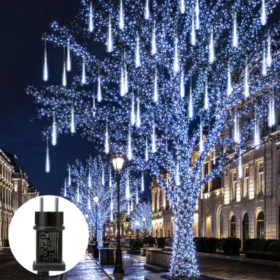Zdjęcie produktu dla Świateczna girlanda LED "Meteory", biała, wodoodporna, imitująca spadające gwiazdy, 288 diod LED, długość 4 metry, 8 rurek, 50 cm, idealna do dekoracji choinki, przyjęć, ogrodu, balkonu