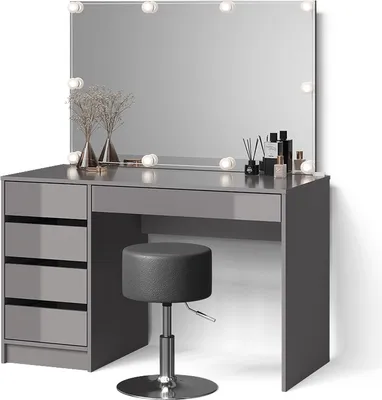 Image de Coiffeuse Livinity Imola Gris avec éclairage LED et tabouret, Model 52385