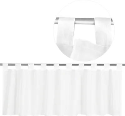 A white bistro curtain with loops hanging on a curtain rod, with a close-up inset showing the loops.