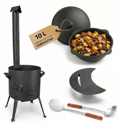 Produktbild von Feuerstelle 36 cm 2mm Stahl mit 10L Gusseisen Kazan Plov Kessel Set Feuerofen Outdoor Küche inkl. Deckel Zubehör Ablagetisch Plov Gulasch Kessel Usbekische Qualität